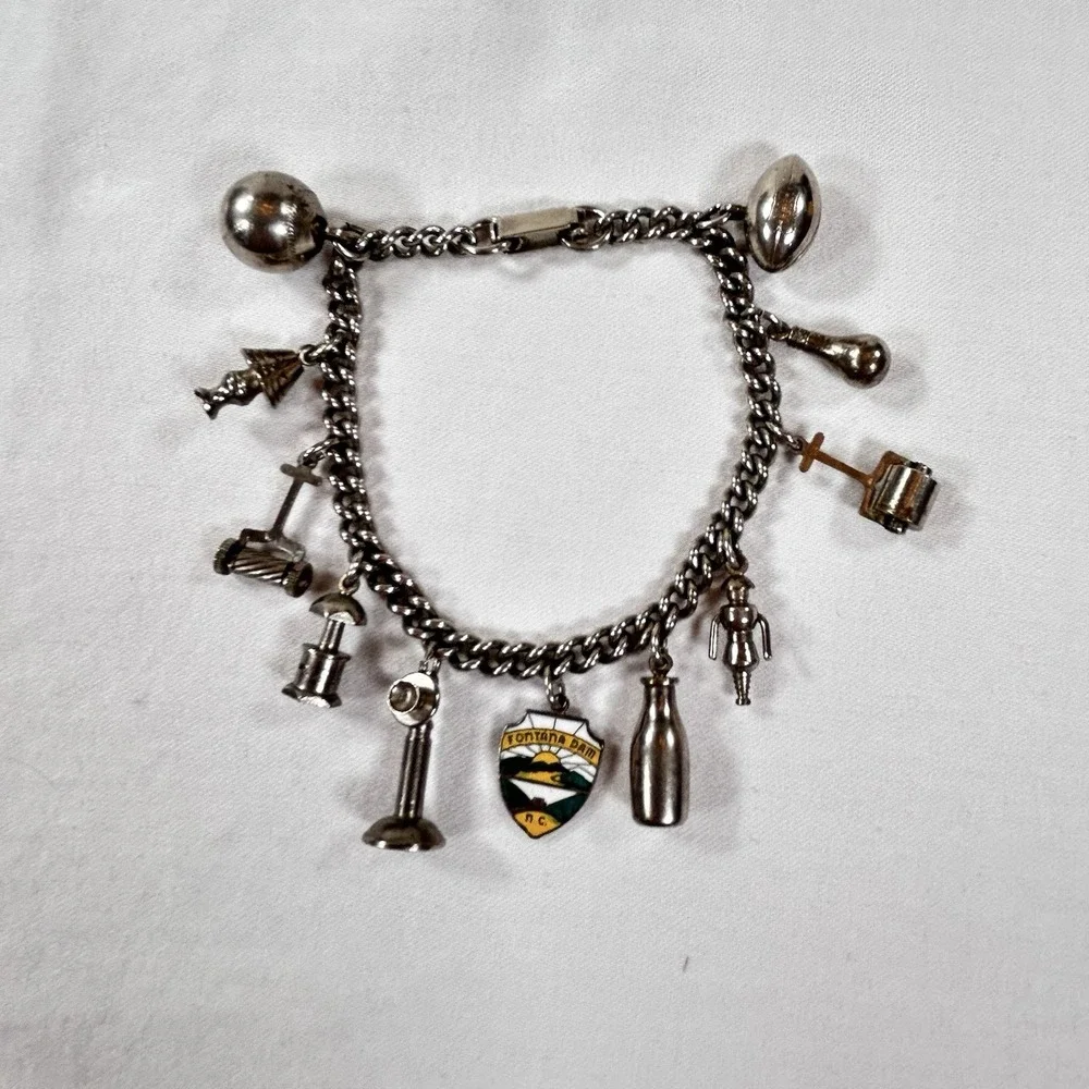 Vintage 1950 Charm Bracelet 11 Charms Travel Themed Silver Tone Clamp Soldier